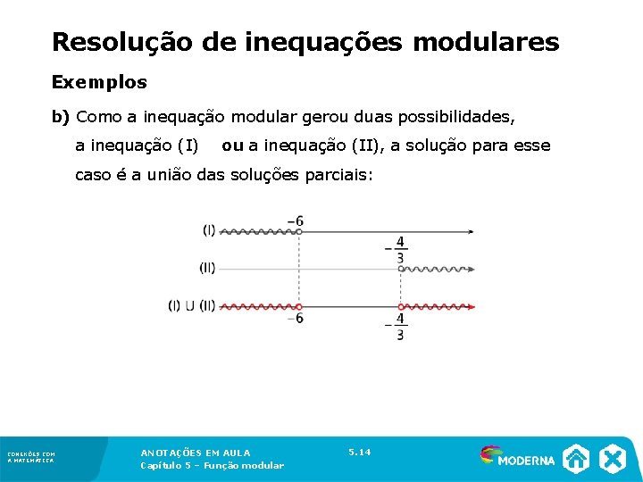 Resolução de inequações modulares Exemplos b) Como a inequação modular gerou duas possibilidades, a