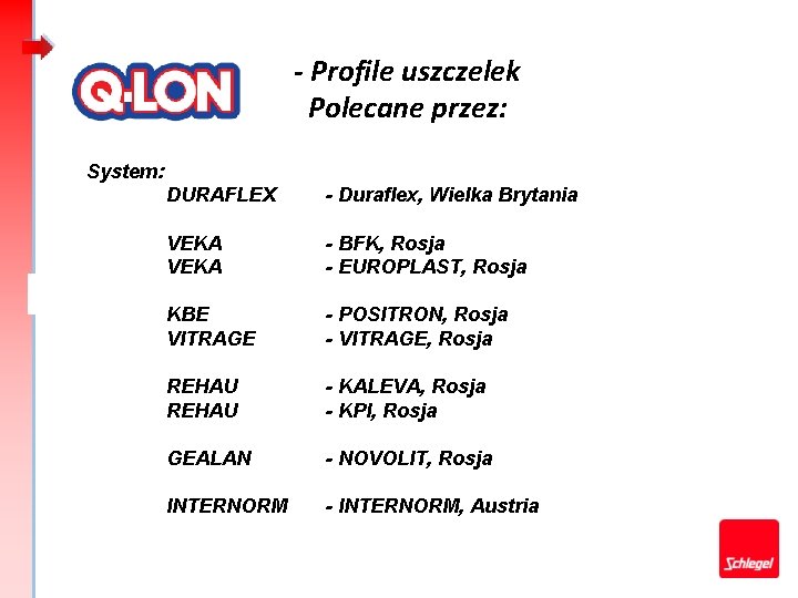 - Profile uszczelek Polecane przez: System: DURAFLEX - Duraflex, Wielka Brytania VEKA - BFK,