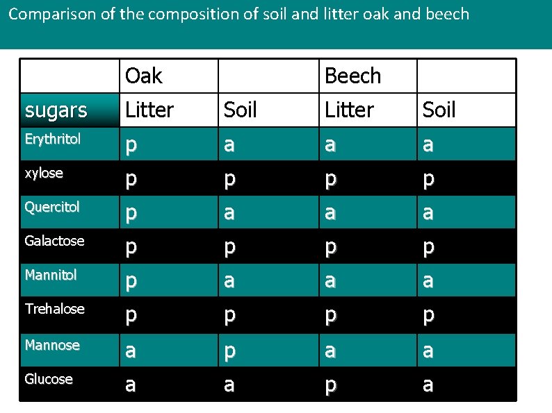 Comparison of the composition of soil and litter oak and beech Oak Beech sugars Comparison of the composition of soil and litter oak and beech Oak Beech sugars