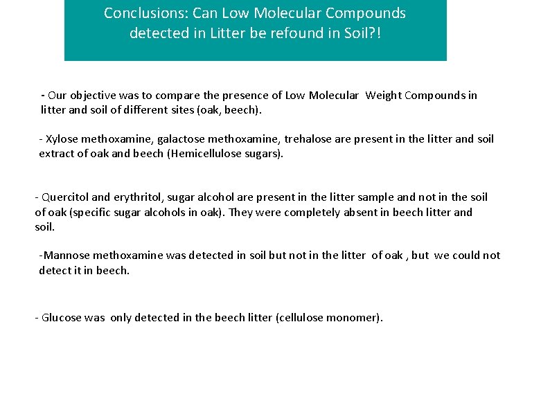 Conclusions: Can Low Molecular Compounds detected in Litter be refound in Soil? ! - Conclusions: Can Low Molecular Compounds detected in Litter be refound in Soil? ! -