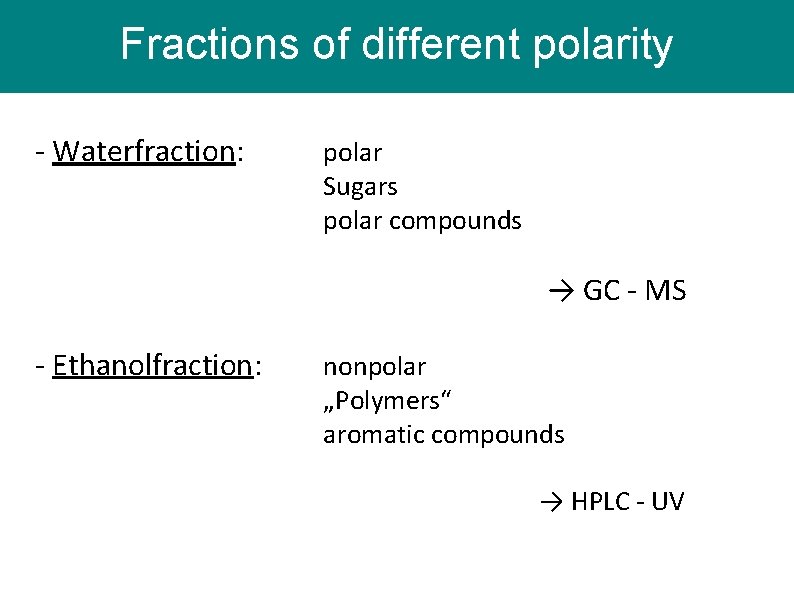 Fractions of different polarity - Waterfraction: polar Sugars polar compounds → GC - MS Fractions of different polarity - Waterfraction: polar Sugars polar compounds → GC - MS