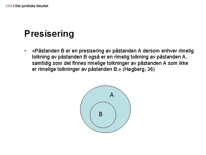 Presisering • «Påstanden B er en presisering av påstanden A dersom enhver rimelig tolkning