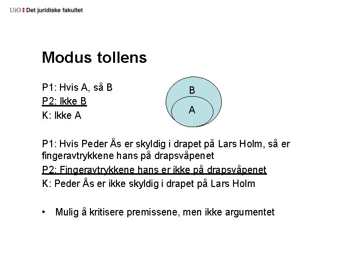 Modus tollens P 1: Hvis A, så B P 2: Ikke B K: Ikke