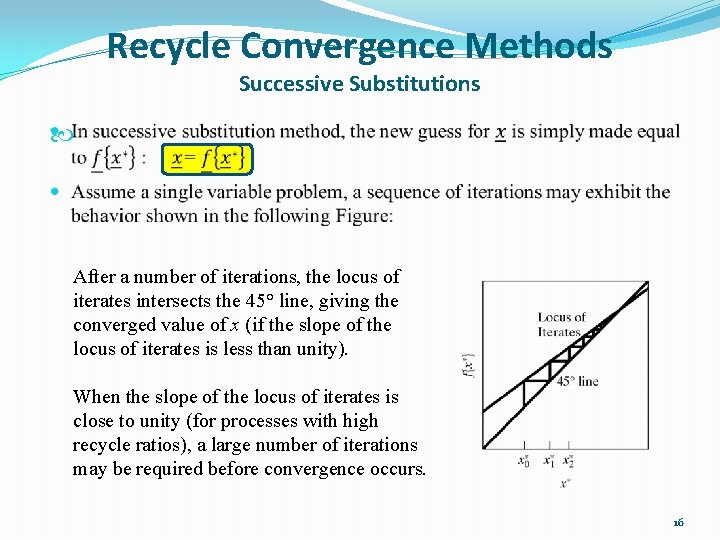 Recycle Convergence Methods Successive Substitutions After a number of iterations, the locus of iterates