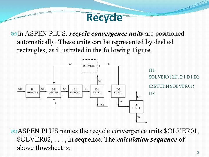 Recycle In ASPEN PLUS, recycle convergence units are positioned automatically. These units can be