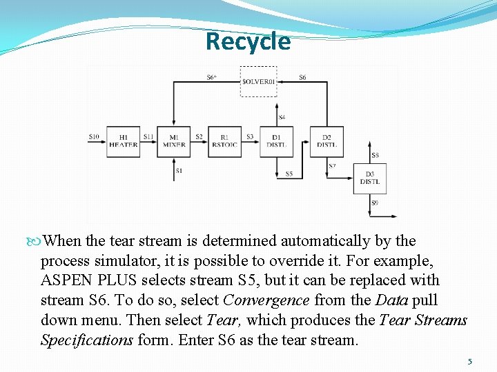 Recycle When the tear stream is determined automatically by the process simulator, it is