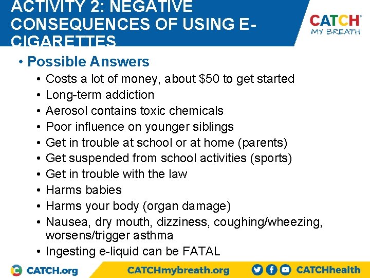 ACTIVITY 2: NEGATIVE CONSEQUENCES OF USING ECIGARETTES • Possible Answers • • • Costs