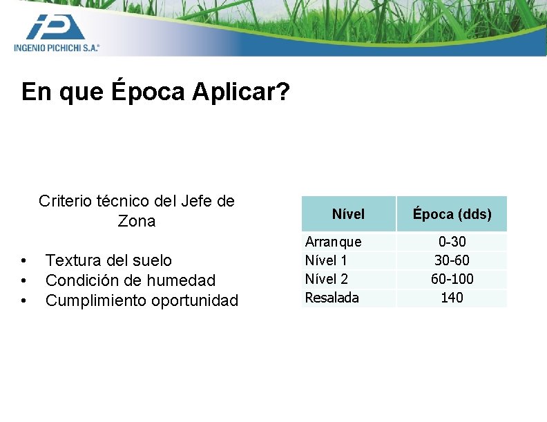 En que Época Aplicar? Criterio técnico del Jefe de Zona • • • Textura