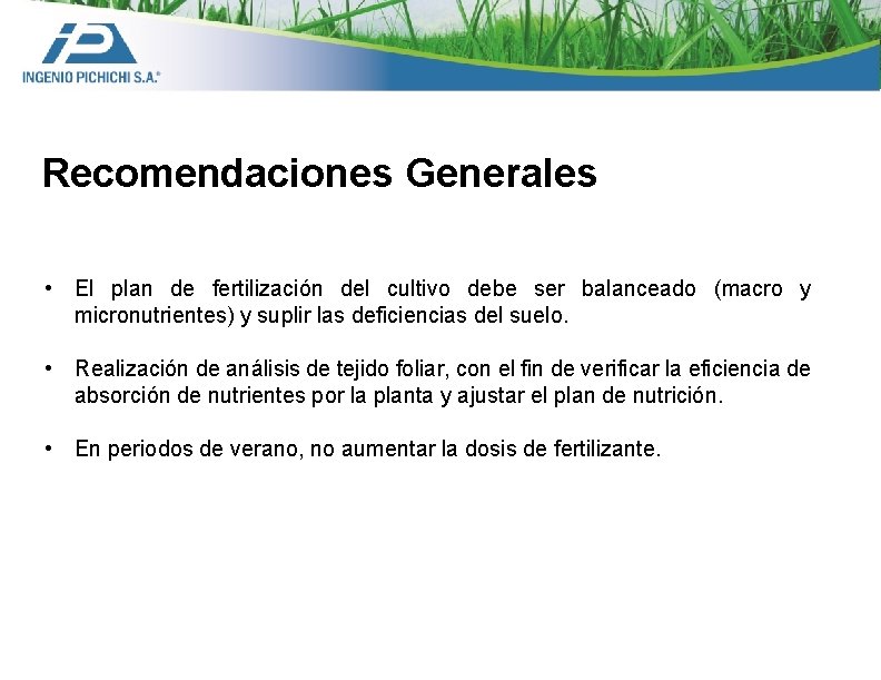 Recomendaciones Generales • El plan de fertilización del cultivo debe ser balanceado (macro y