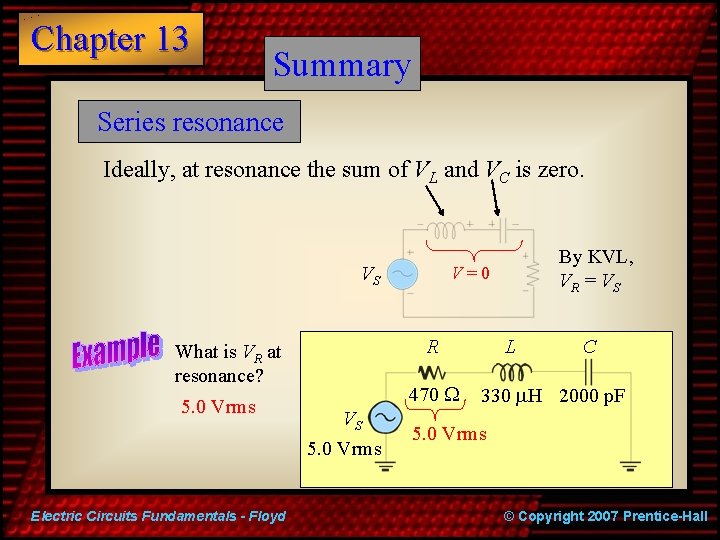 Chapter 13 Summary Series resonance Ideally, at resonance the sum of VL and VC