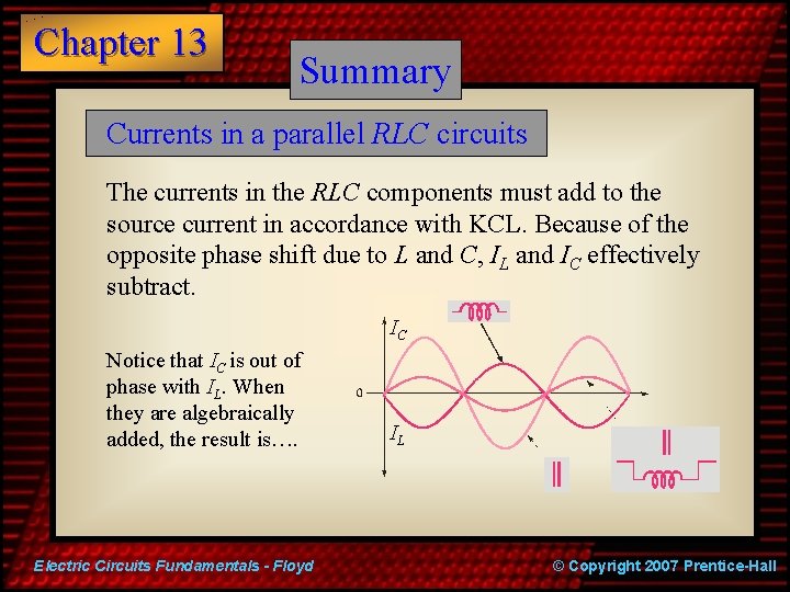 Chapter 13 Summary Currents in a parallel RLC circuits The currents in the RLC