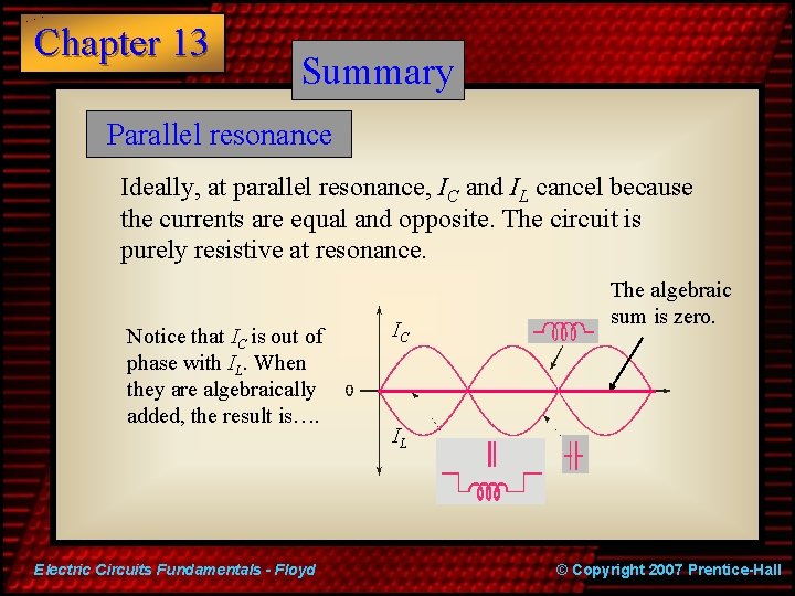 Chapter 13 Summary Parallel resonance Ideally, at parallel resonance, IC and IL cancel because