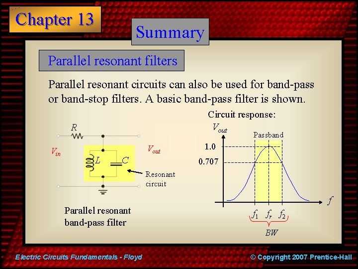 Chapter 13 Summary Parallel resonant filters Parallel resonant circuits can also be used for