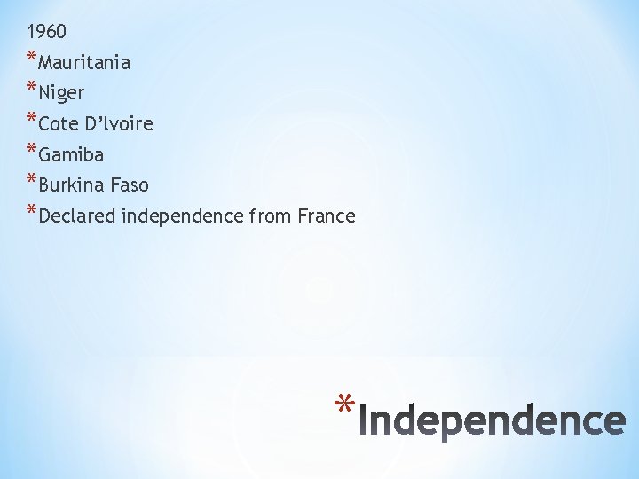 1960 *Mauritania *Niger *Cote D’lvoire *Gamiba *Burkina Faso *Declared independence from France * 