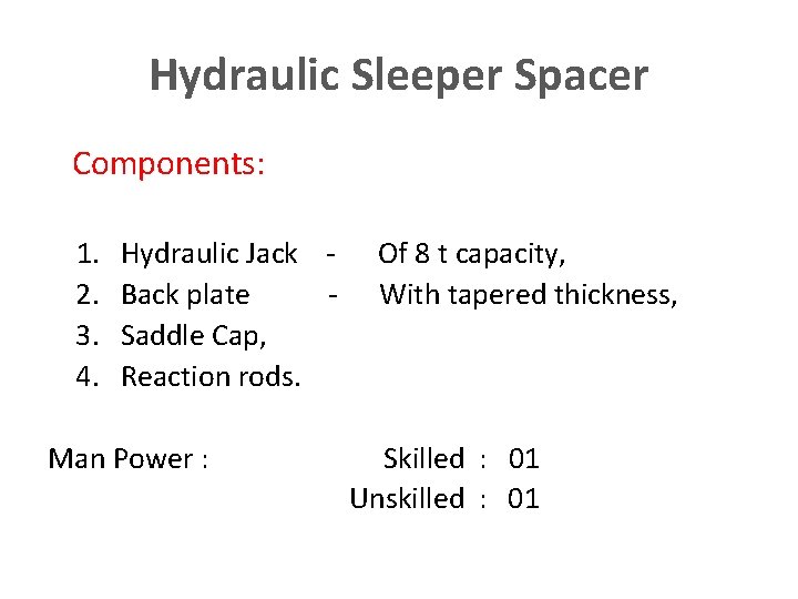 Hydraulic Sleeper Spacer Components: 1. 2. 3. 4. Hydraulic Jack Back plate Saddle Cap,