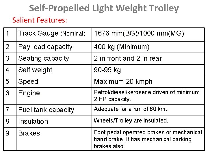 Self-Propelled Light Weight Trolley Salient Features: 1 Track Gauge (Nominal) 1676 mm(BG)/1000 mm(MG) 2
