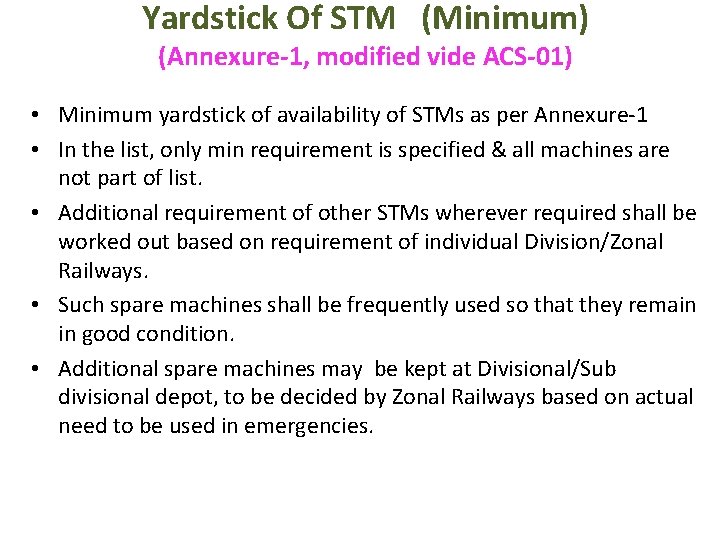 Yardstick Of STM (Minimum) (Annexure-1, modified vide ACS-01) • Minimum yardstick of availability of