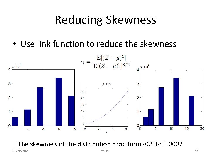 Reducing Skewness • Use link function to reduce the skewness The skewness of the