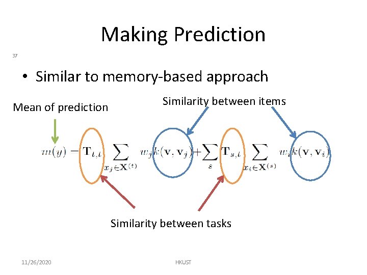 Making Prediction 37 • Similar to memory-based approach Mean of prediction Similarity between items