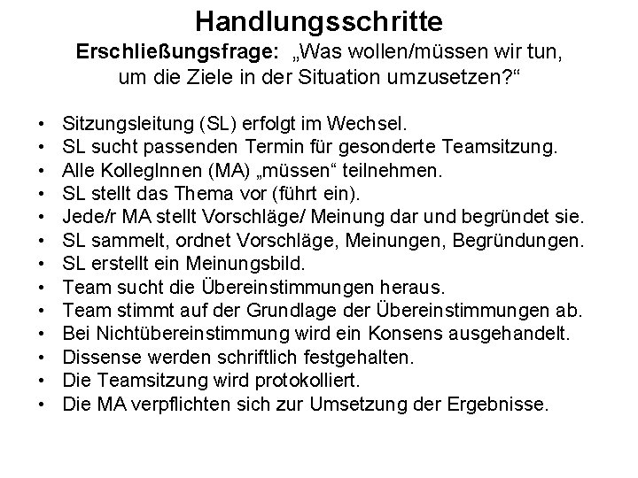 Handlungsschritte Erschließungsfrage: „Was wollen/müssen wir tun, um die Ziele in der Situation umzusetzen? “