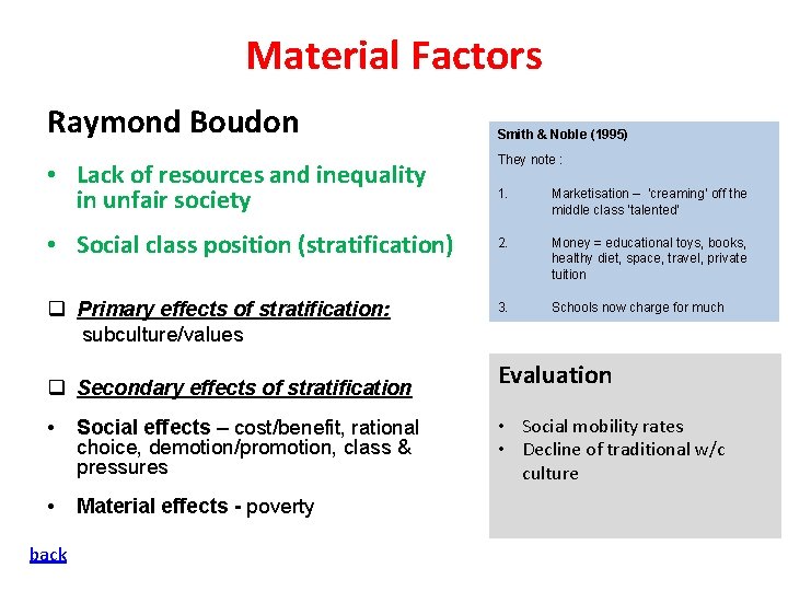 Material Factors Raymond Boudon • Lack of resources and inequality in unfair society •