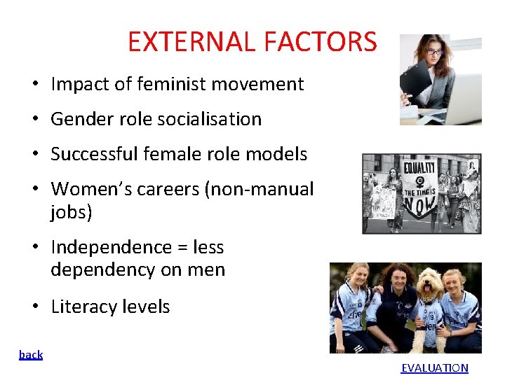 EXTERNAL FACTORS • Impact of feminist movement • Gender role socialisation • Successful female