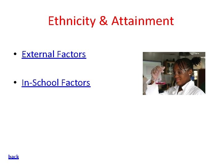 Ethnicity & Attainment • External Factors • In-School Factors back 