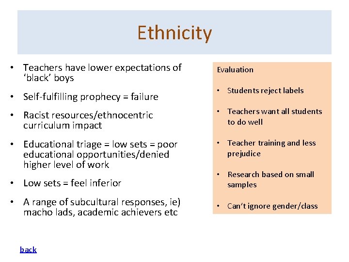 Ethnicity • Teachers have lower expectations of ‘black’ boys • Self-fulfilling prophecy = failure