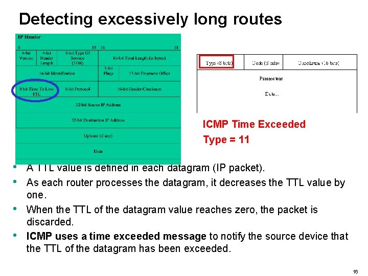 Detecting excessively long routes ICMP Time Exceeded Type = 11 • • A TTL