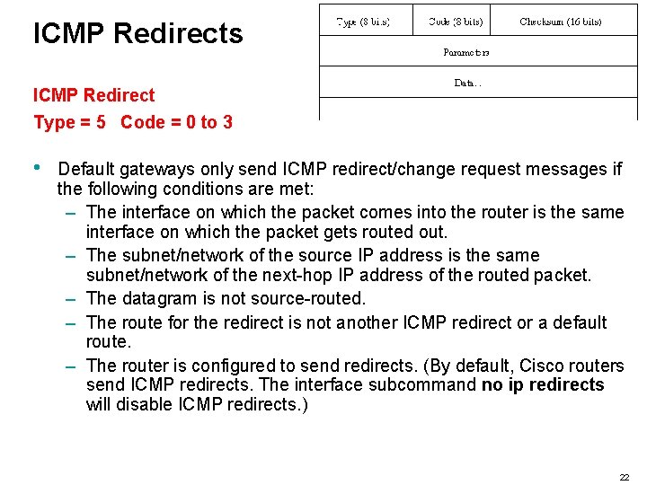 ICMP Redirects ICMP Redirect Type = 5 Code = 0 to 3 • Default