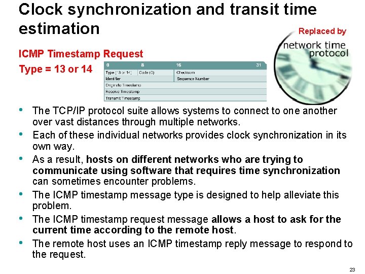 Clock synchronization and transit time estimation Replaced by ICMP Timestamp Request Type = 13
