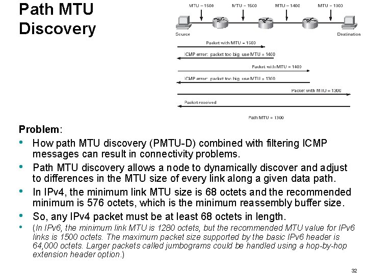 Path MTU Discovery Problem: • How path MTU discovery (PMTU-D) combined with filtering ICMP