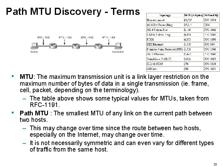 Path MTU Discovery - Terms • • MTU: The maximum transmission unit is a