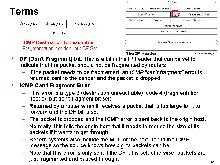 Terms 3 4 ICMP Destination Unreachable Fragmentation needed, but DF Set • • DF