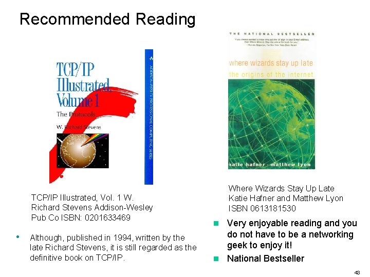 Recommended Reading TCP/IP Illustrated, Vol. 1 W. Richard Stevens Addison-Wesley Pub Co ISBN: 0201633469
