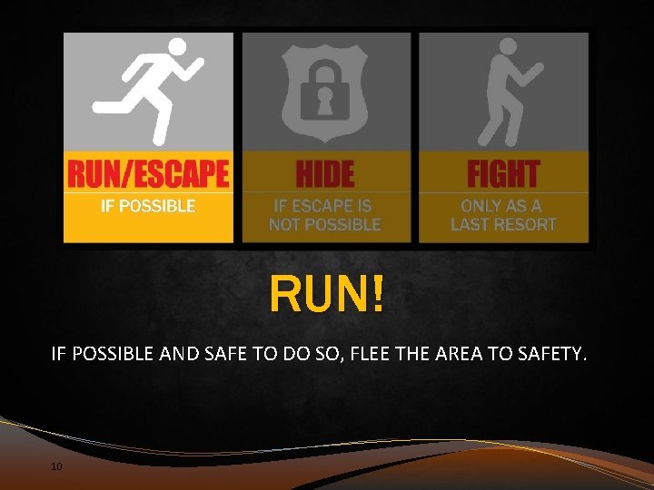 RUN! IF POSSIBLE AND SAFE TO DO SO, FLEE THE AREA TO SAFETY. 10