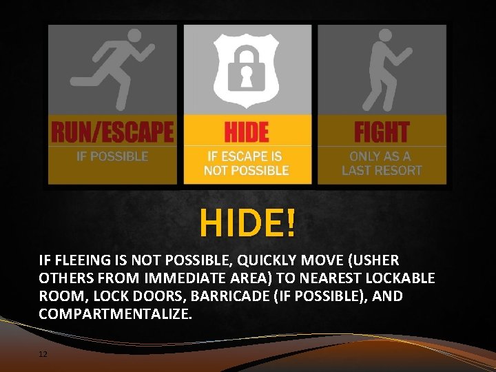 HIDE! IF FLEEING IS NOT POSSIBLE, QUICKLY MOVE (USHER OTHERS FROM IMMEDIATE AREA) TO