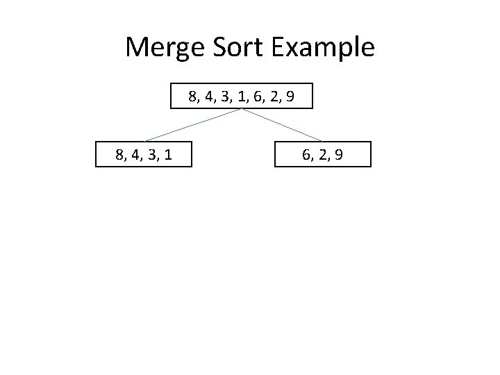 Merge Sort Example 8, 4, 3, 1, 6, 2, 9 8, 4, 3, 1