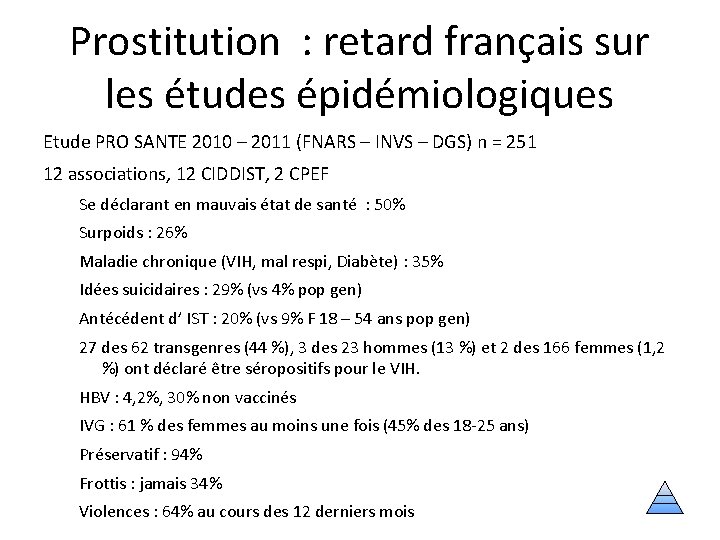 Prostitution : retard français sur les études épidémiologiques Etude PRO SANTE 2010 – 2011
