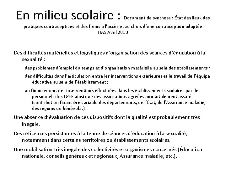 En milieu scolaire : Document de synthèse : État des lieux des pratiques contraceptives