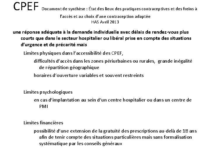 CPEF Document de synthèse : État des lieux des pratiques contraceptives et des freins