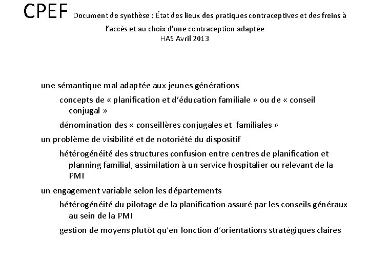 CPEF Document de synthèse : État des lieux des pratiques contraceptives et des freins