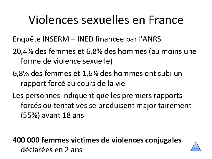 Violences sexuelles en France Enquête INSERM – INED financée par l'ANRS 20, 4% des