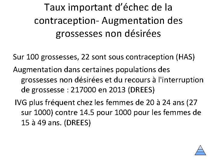 Taux important d’échec de la contraception- Augmentation des grossesses non désirées Sur 100 grossesses,