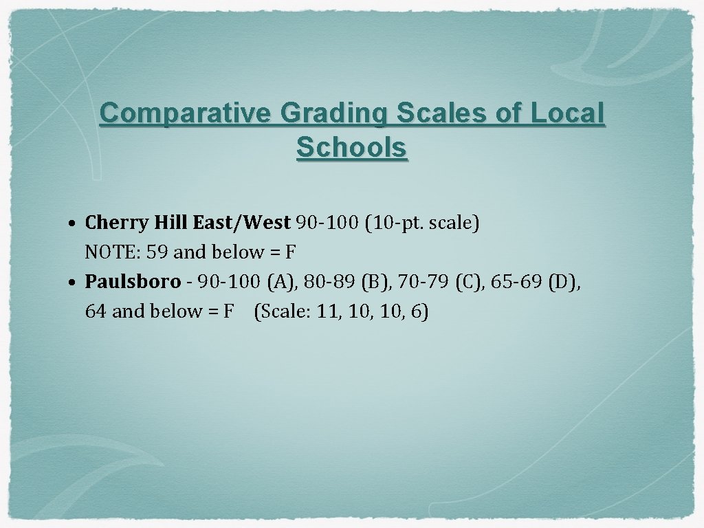 Comparative Grading Scales of Local Schools • Cherry Hill East/West 90 -100 (10 -pt.