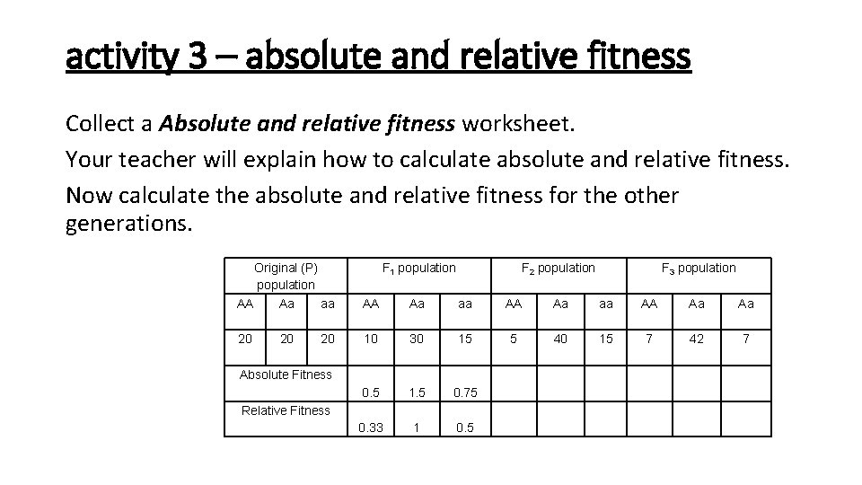 activity 3 – absolute and relative fitness Collect a Absolute and relative fitness worksheet.