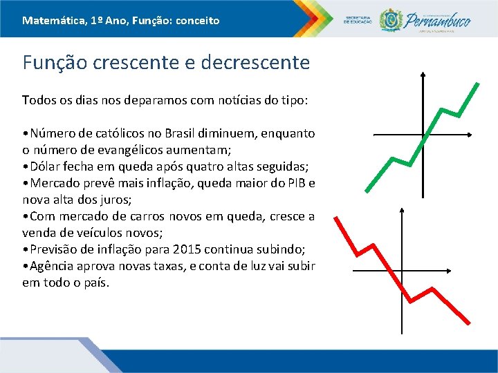 Matemática, 1º Ano, Função: conceito Função crescente e decrescente Todos os dias nos deparamos