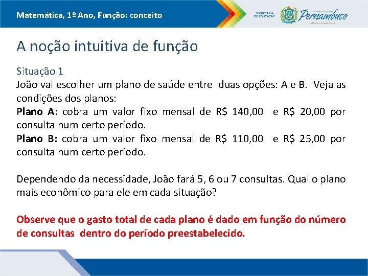 Matemática, 1º Ano, Função: conceito A noção intuitiva de função Situação 1 João vai