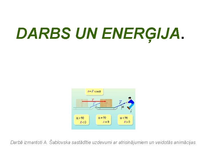 DARBS UN ENERĢIJA. Darbā izmantoti A. Šablovska sastādītie uzdevumi ar atrisinājumiem un veidotās animācijas.