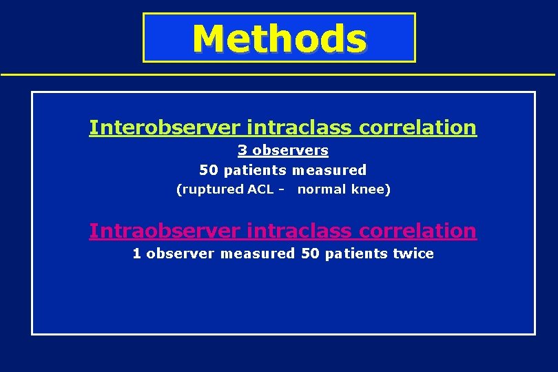 Methods Interobserver intraclass correlation 3 observers 50 patients measured (ruptured ACL - normal knee)